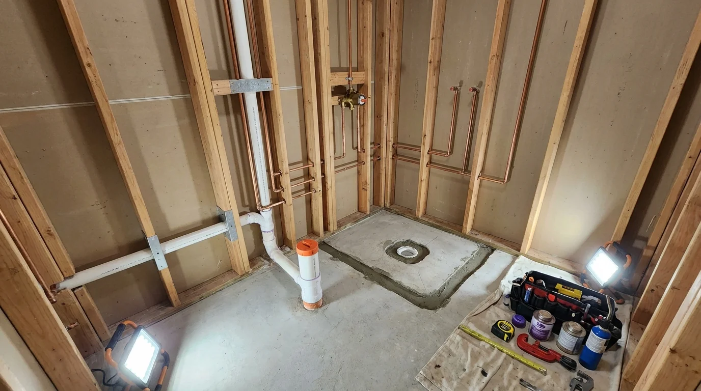 Bathroom rough-in plumbing during remodel by Johns Plumbing LLC in Burley